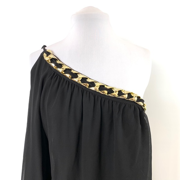 Julie Brown NYC Chiffon Sheer Black One Shoulder Blouse Gold Chain 100% Silk - Picture 7 of 8